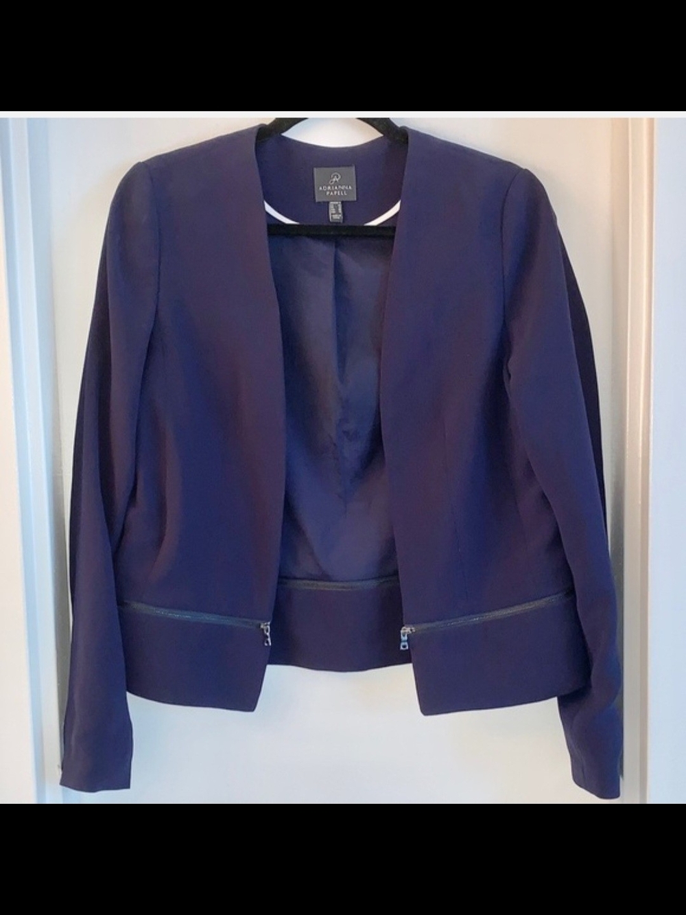 Adrianna Papell Navy Collarless Zip-Hem Blazer